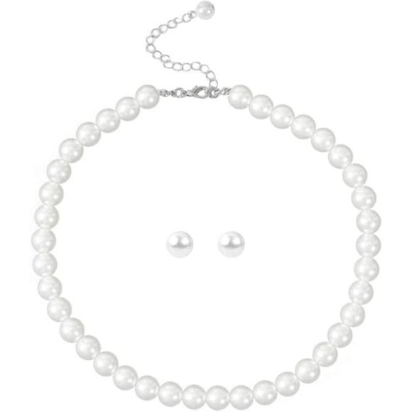 Glass Pearl Necklace & Earring Set 10mm Collar Faux Pearl Jewelry Set - Picture 2 of 6